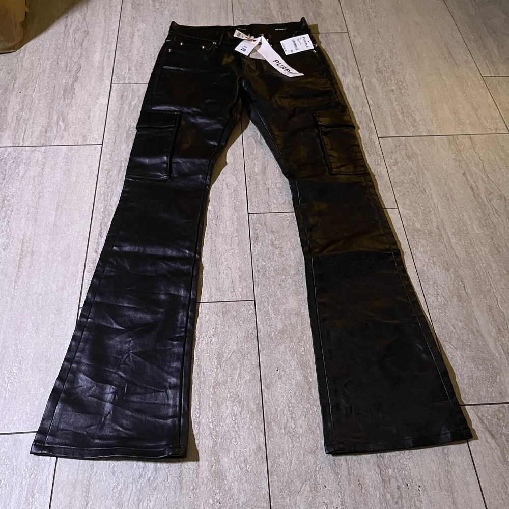 Purple Brand P004 Black Coated Skinny Flare Cargo Jeans Mens 28x32 P004-PFBL423